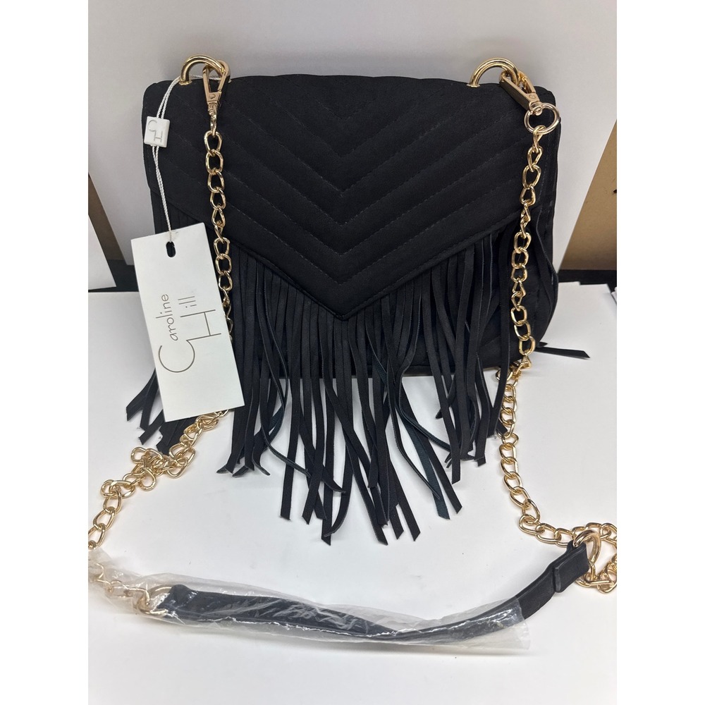 Caroline Hill Black Quilted Fringe Crossbody Bag Gold Chain Strap Chevron New